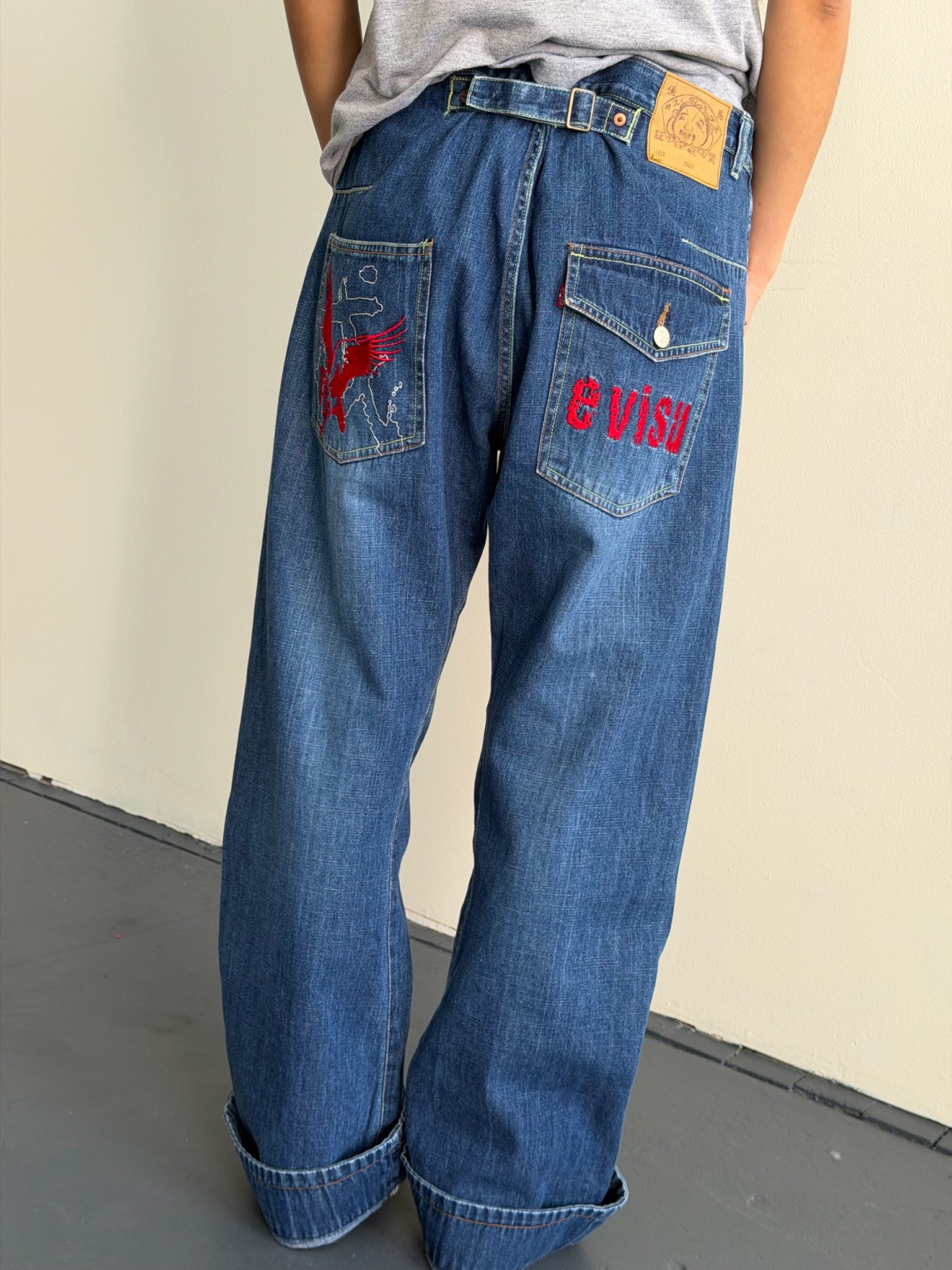 Evisu Washed Indigo Buckle Back Jeans