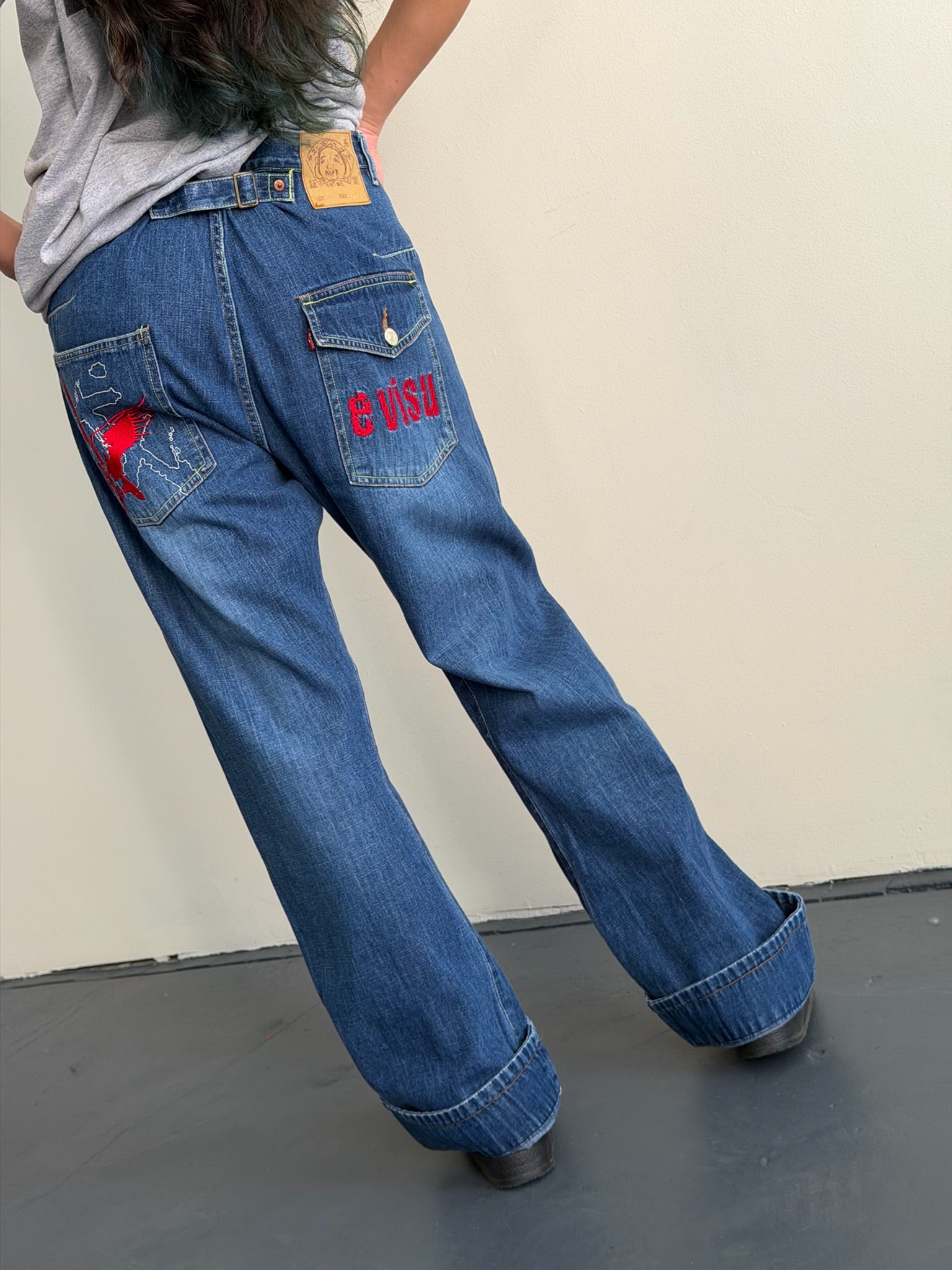 Evisu Washed Indigo Buckle Back Jeans