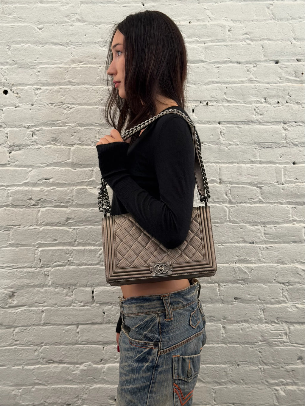Chanel Dark Silver Perforated Quilted Leather Boy Bag