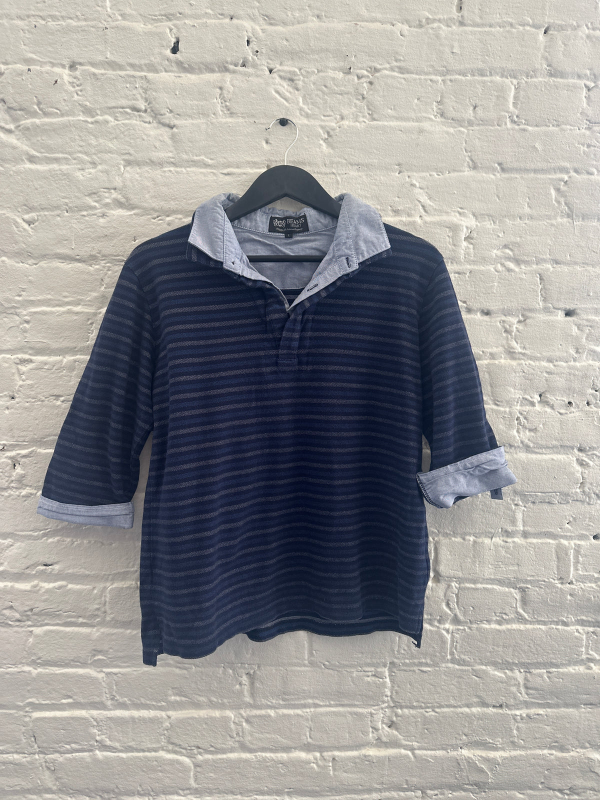 BEAMS HEART layered-style striped rugby polo shirt