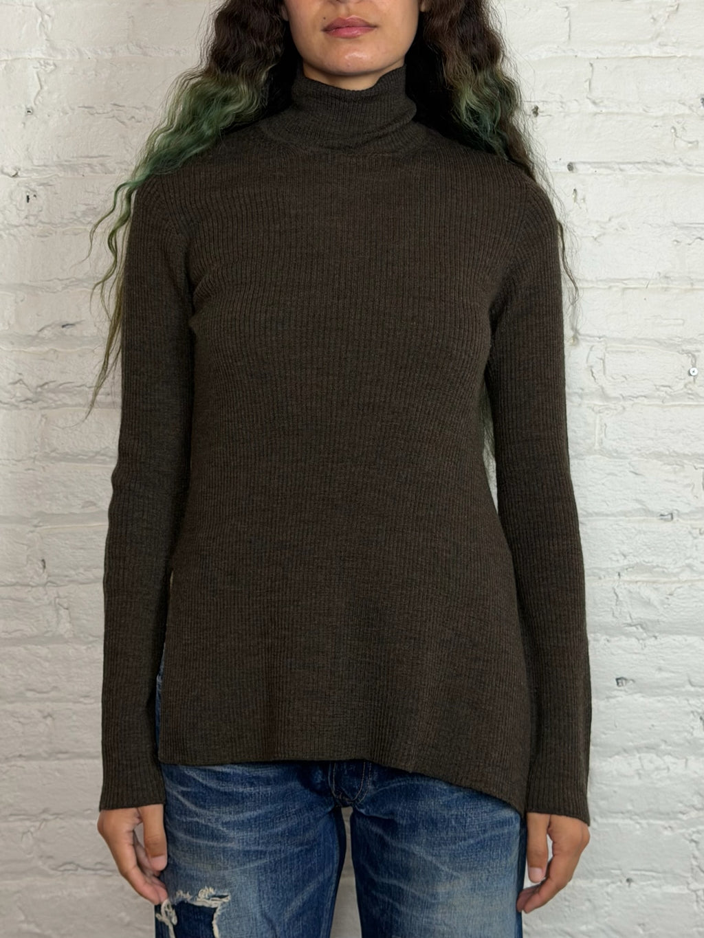 Y’s by Yohji Yamamoto Brown Ribbed Turtleneck Sweater