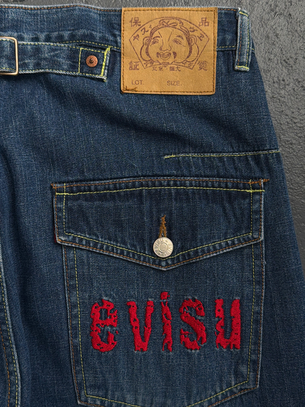 Evisu Washed Indigo Buckle Back Jeans