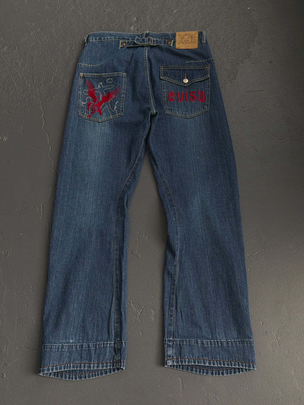 Evisu Washed Indigo Buckle Back Jeans