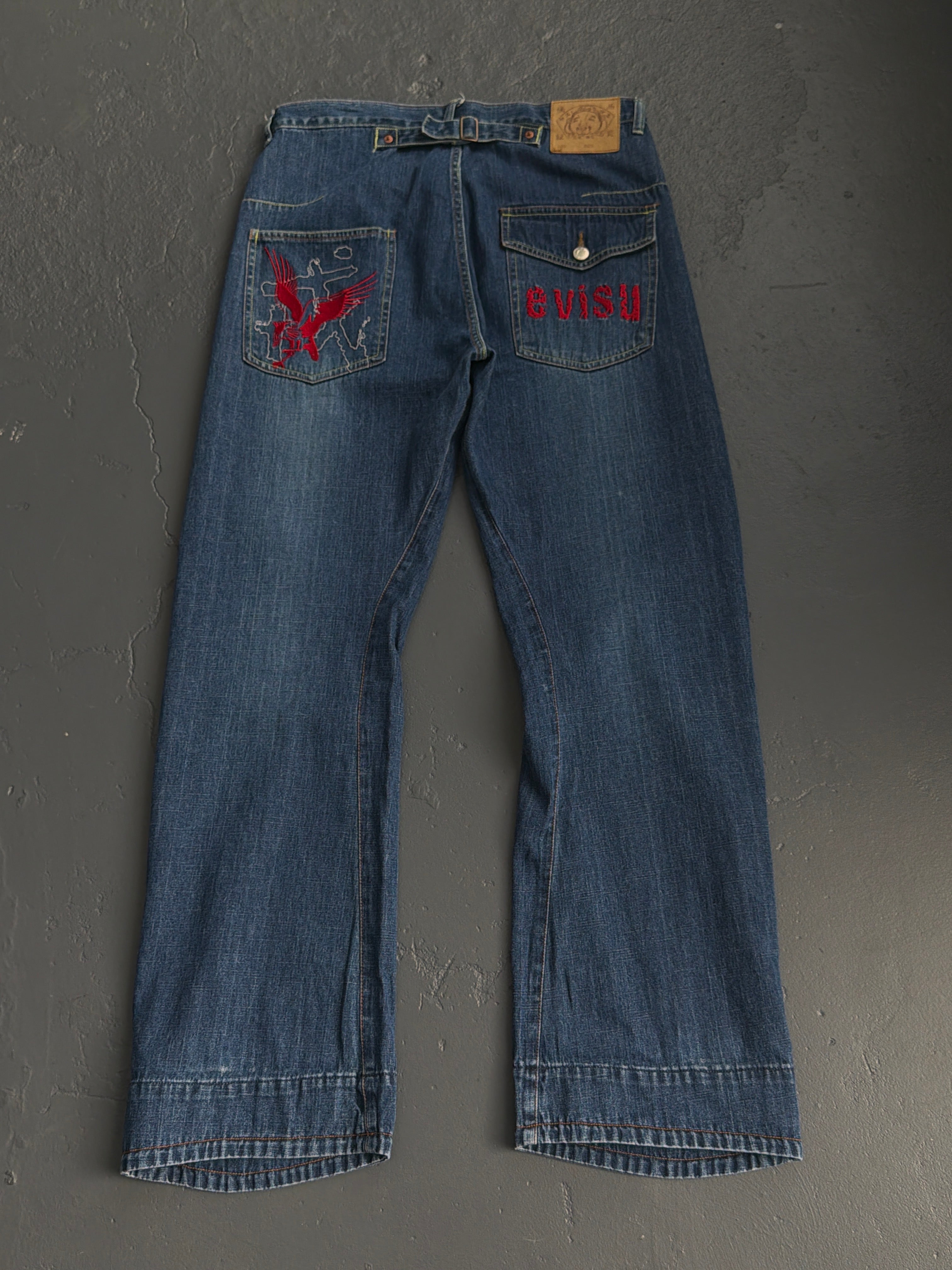 Evisu Washed Indigo Buckle Back Jeans