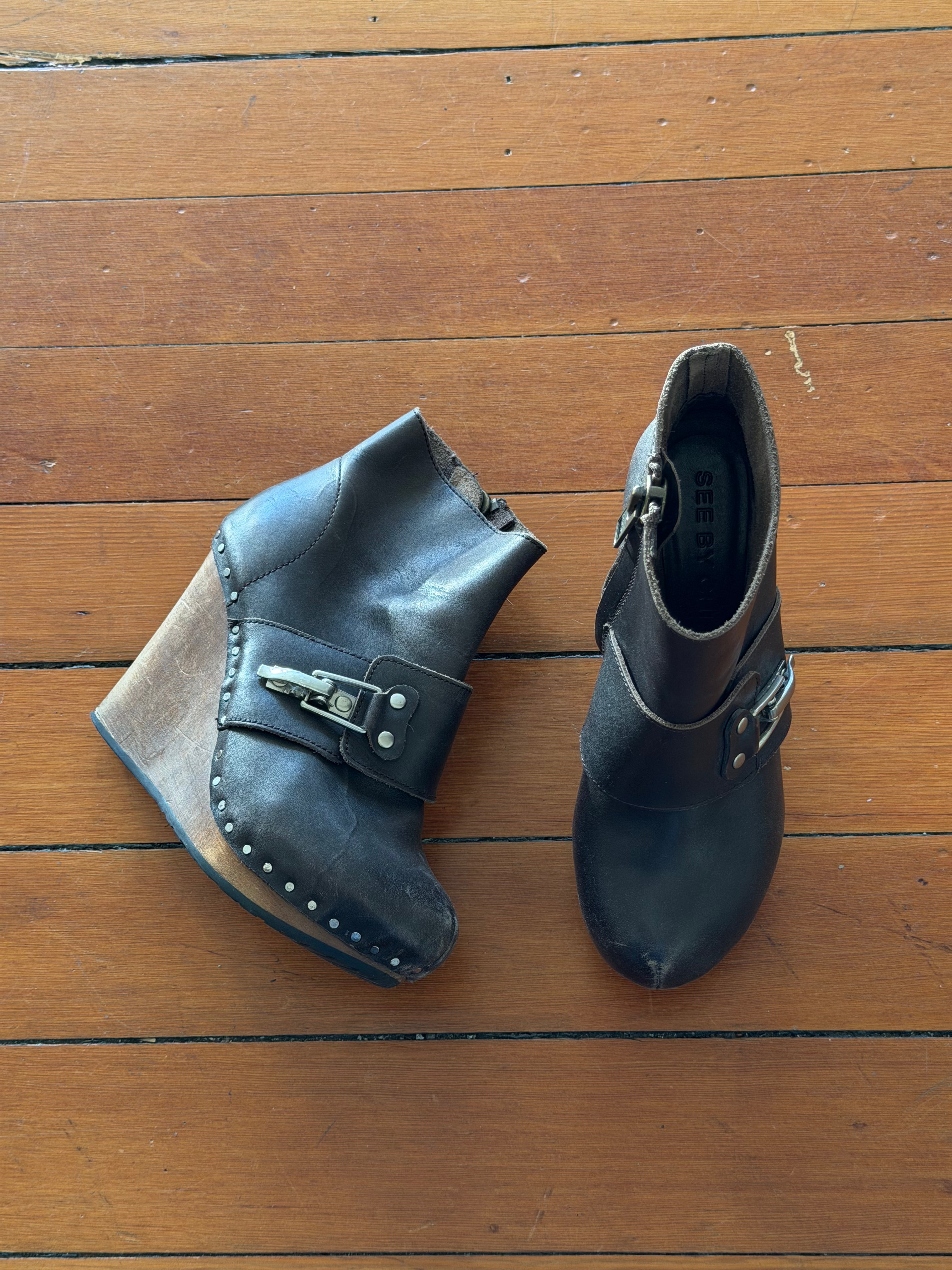 See by Chloe Leather Buckle Studded Wedge Ankle Boots