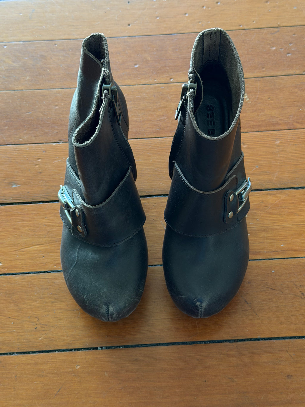 See by Chloe Leather Buckle Studded Wedge Ankle Boots